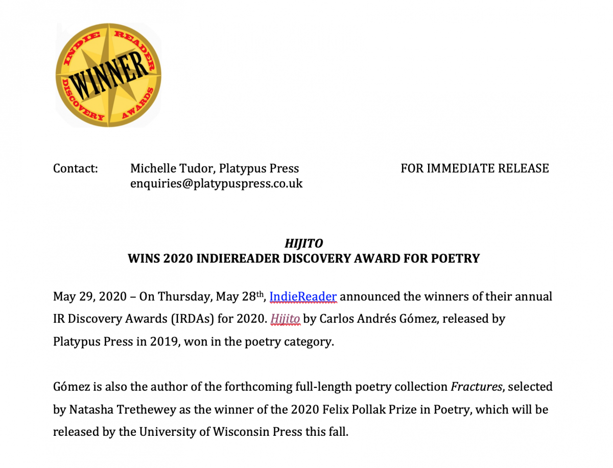 “Hijito” just won the 2020 IndieReader Discovery Award for Poetry!!